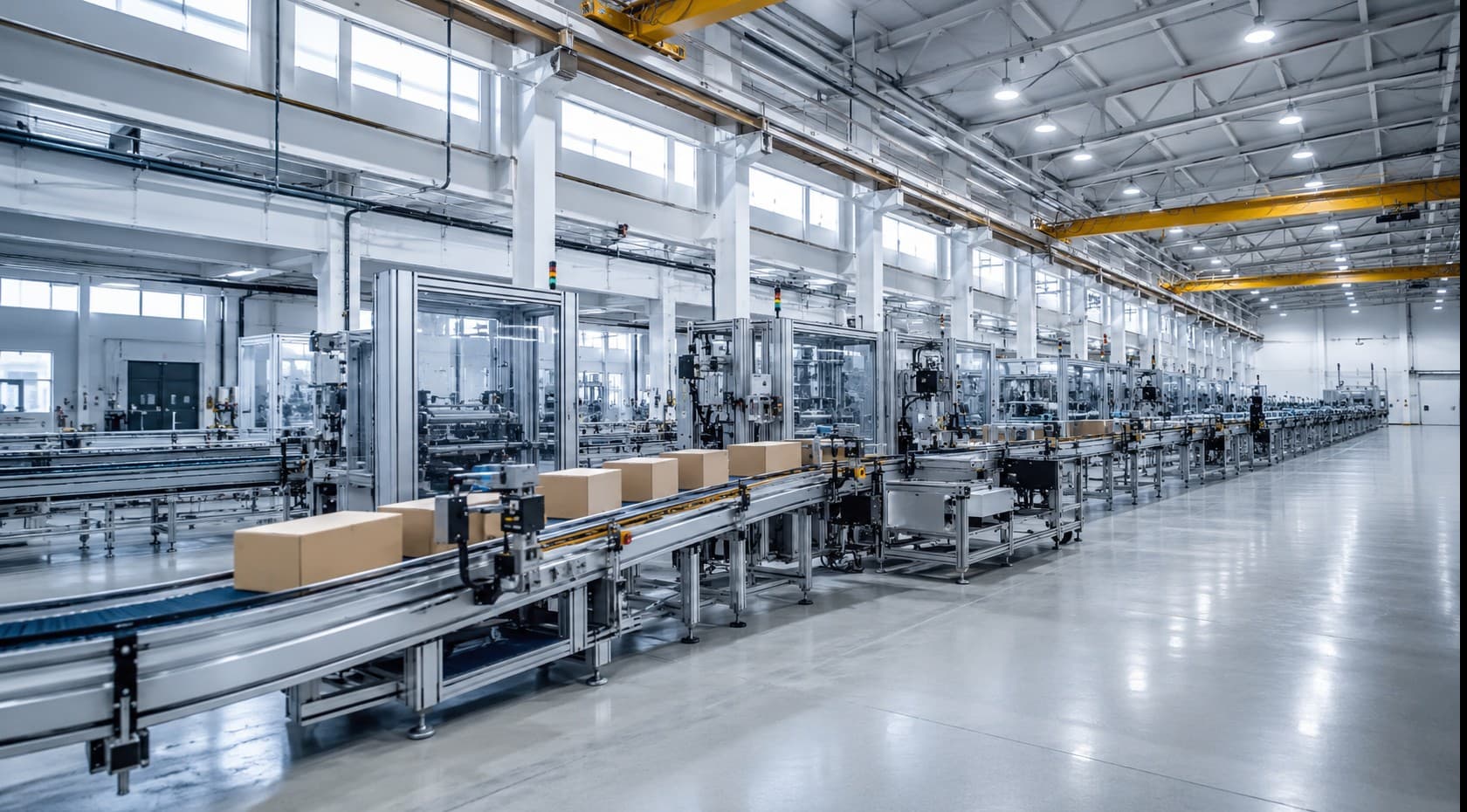 Modern packaging automation line in a bright industrial facility