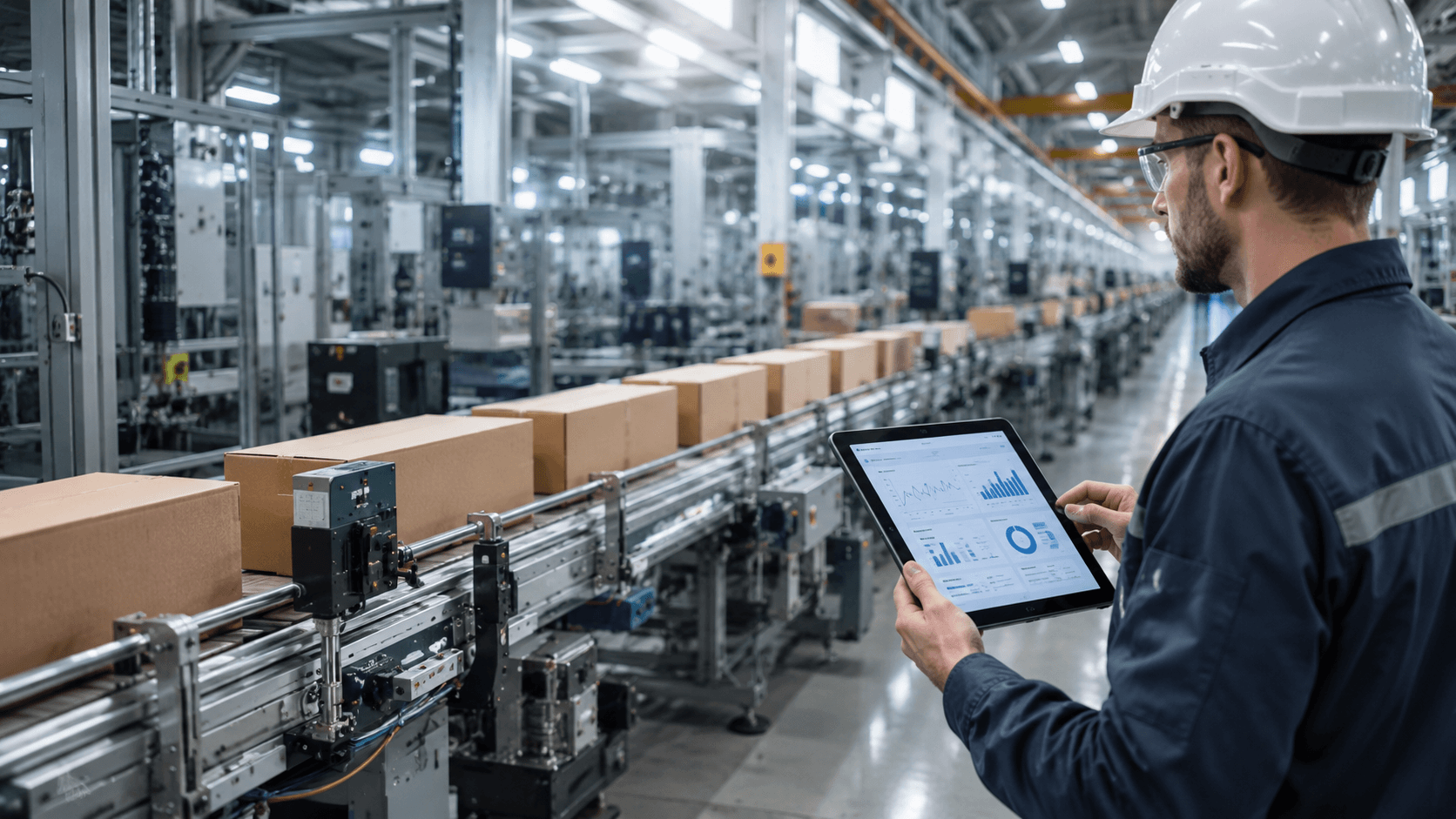 Engineer reviewing production analytics beside a carton packaging line