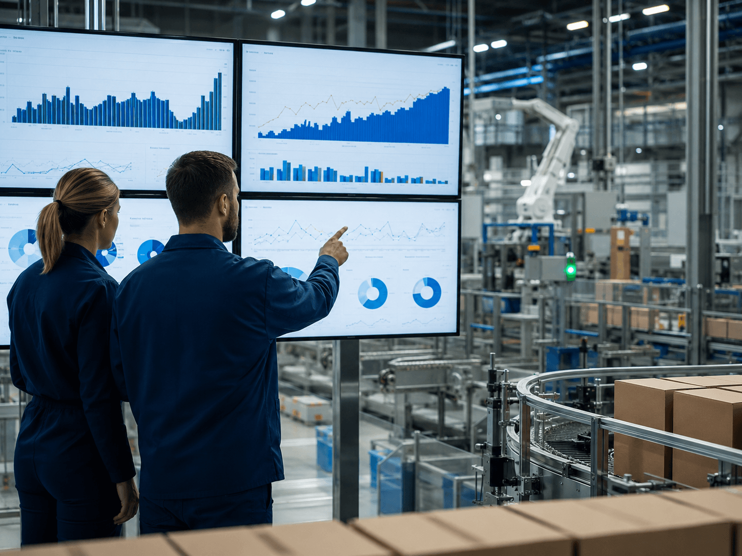 Production team reviewing packaging-line analytics dashboards