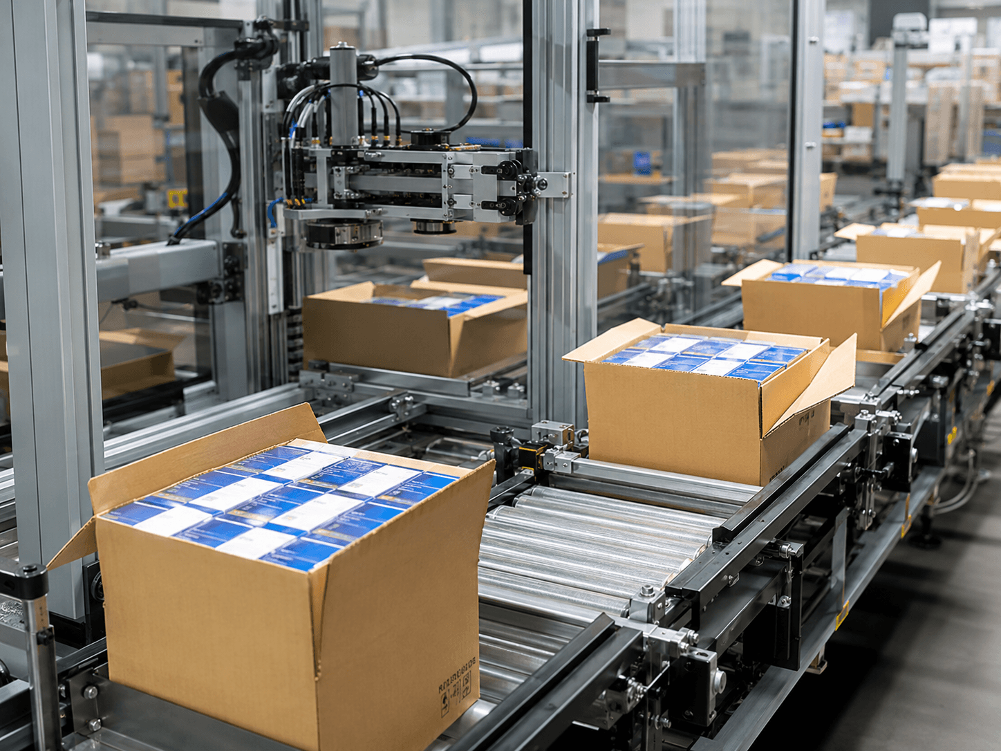 Automated carton case packaging line with boxed products