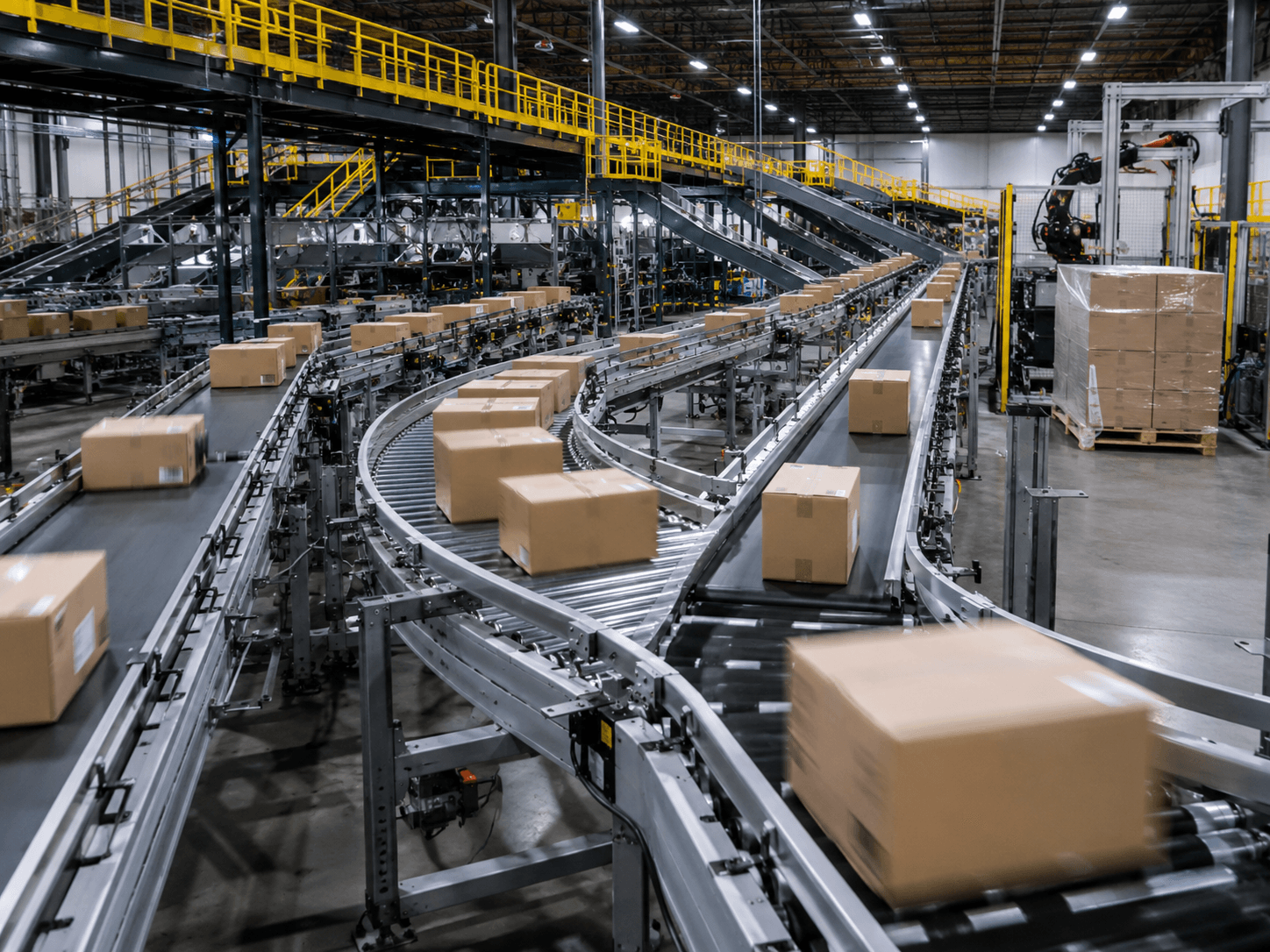 High-speed parcel sortation conveyors moving packaged goods