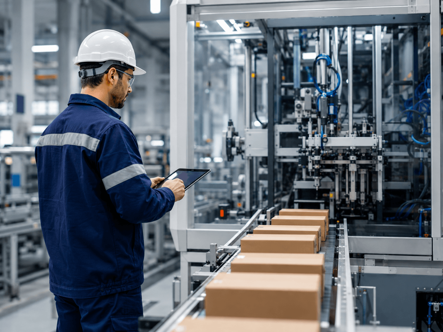 Engineer using a tablet to inspect an automated packaging line